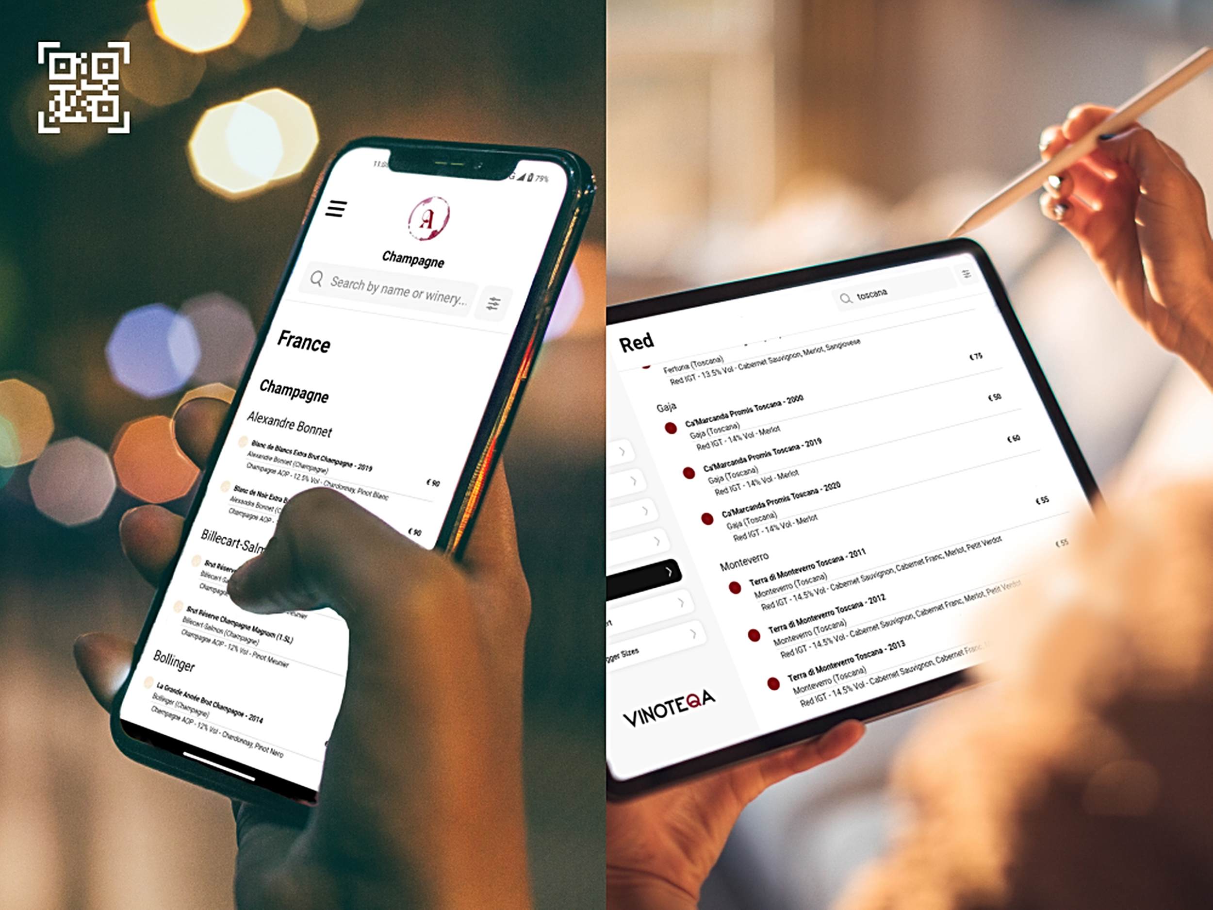 Digitale Weinkarte von Vinoteqa auf Mobiltelefon und iPad